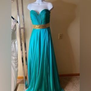 Ashley Lauren teal ball gown with slit size 6 taken into a 2/4